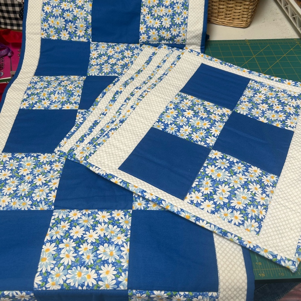 Blue and White Floral Patchwork Quilted table runner & placemats